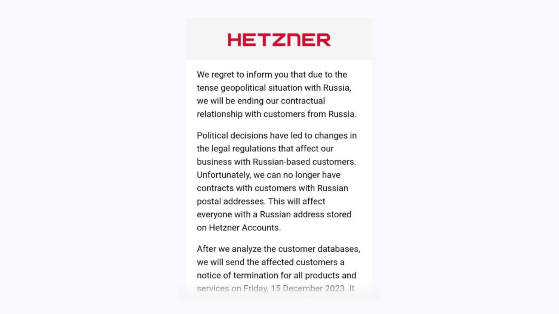 Немецкий хостинг Hetzner прекратит работу с российскими пользователями